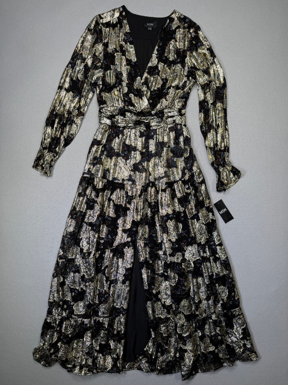 MSK Women's Metallic Floral Maxi Dress Long Sleeve Black/gold Small $119